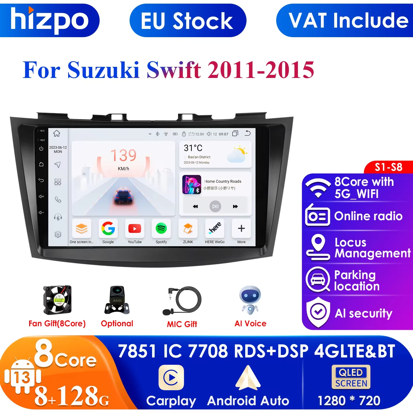 9'' Android 12 AutoRadio Multimedia Player for Suzuki Swift 4 2011 2012 2013 2014 2015 Car Radio GPS Navigation WiFi Stereo 2din