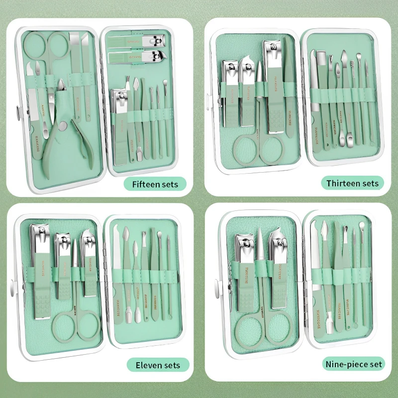 18 sztuk/worek przenośny zestaw do paznokci deluxe zestaw obcinaków do paznokci zielony pilnik do paznokci nożyczki do brwi narzędzi higiena osobistej