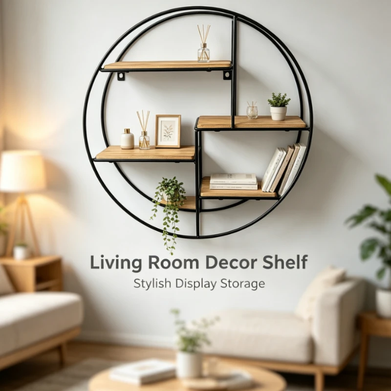 Round Iron Wood Wall Mounted Shelf Hanging Storage Rack Bedroom Bathroom Living Room Decorative Organizer Supplies