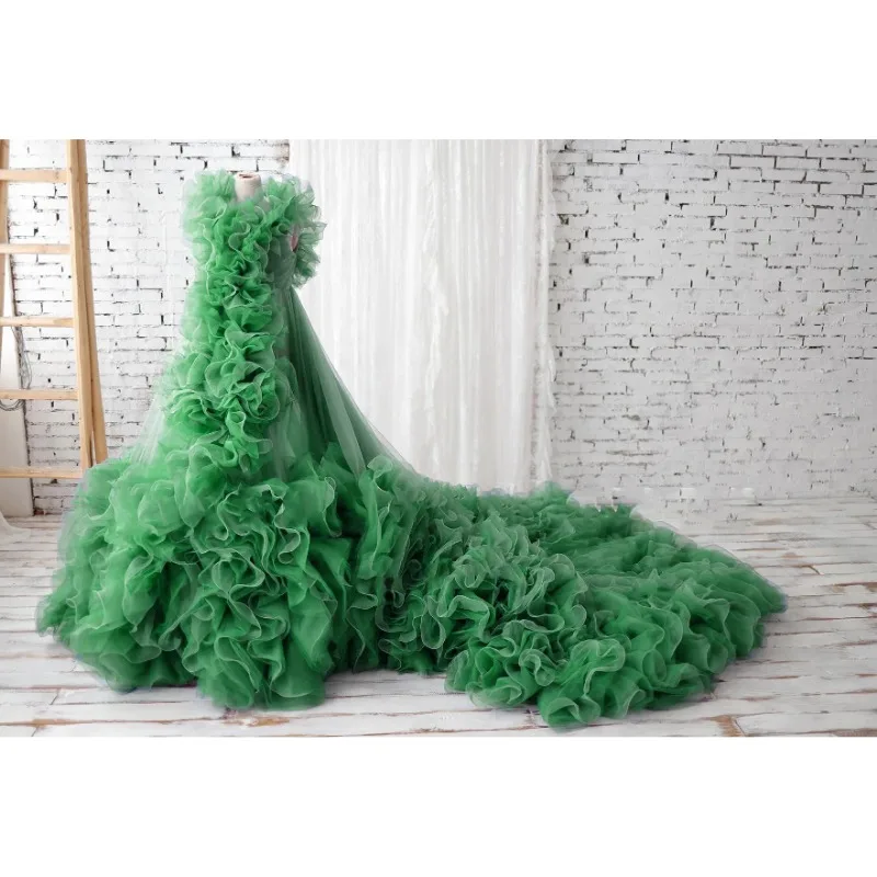 Photography Marternity Gowns Front Split Tulle Dresses Long Lush Ruffled Floor Length Marternity Dress with Tail Puffy