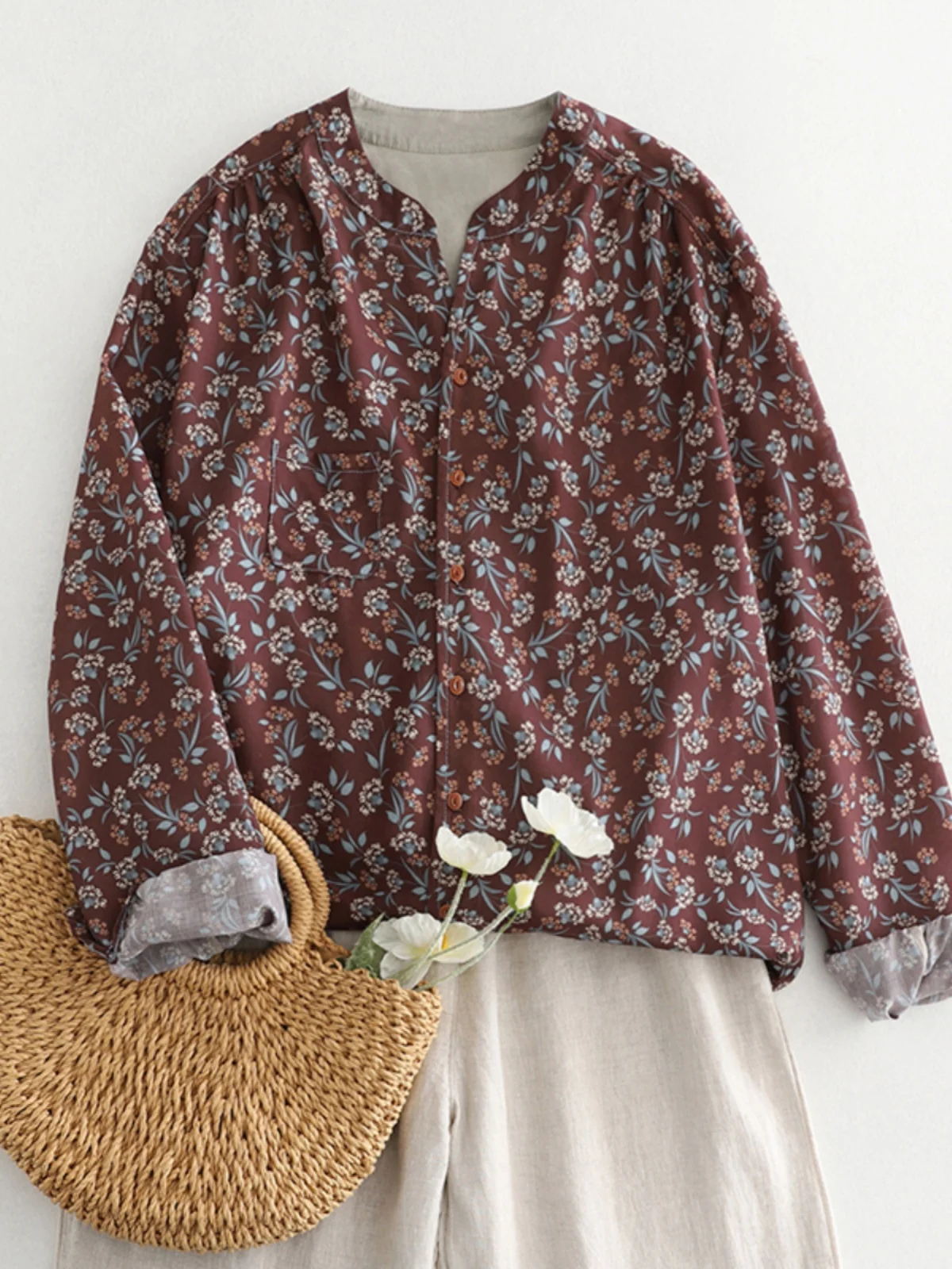 

Художественный женский длинный повседневный хлопковый открытый кардиган большого размера с воротником-стойкой и одной пуговицей с цветочным принтом