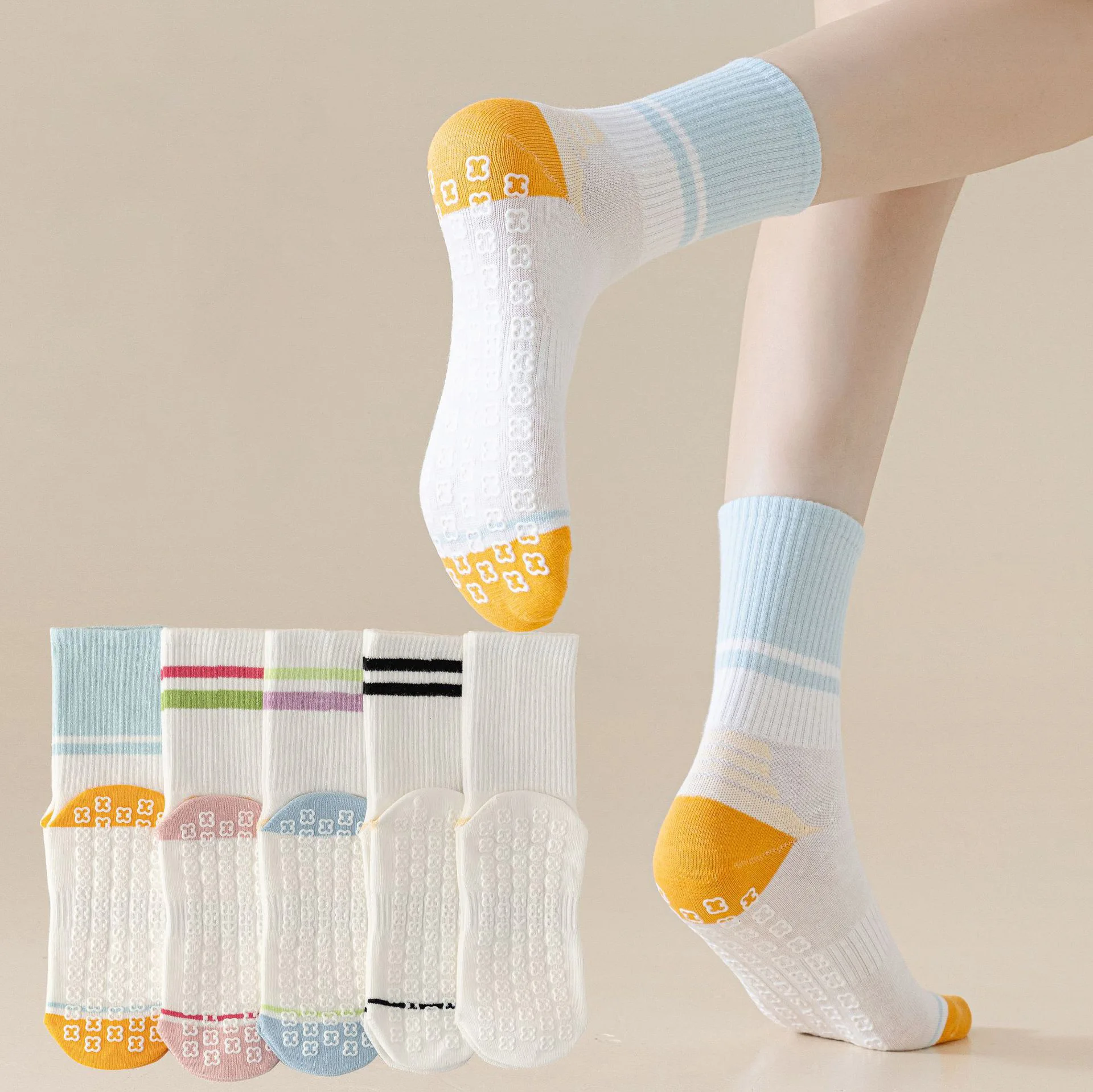 2pairs Non-Slip Grip Sock Slipper Indoor Summer Silicone anti-slip Yoga Breathable Women mid-calf Gym Room Sliding 2W92