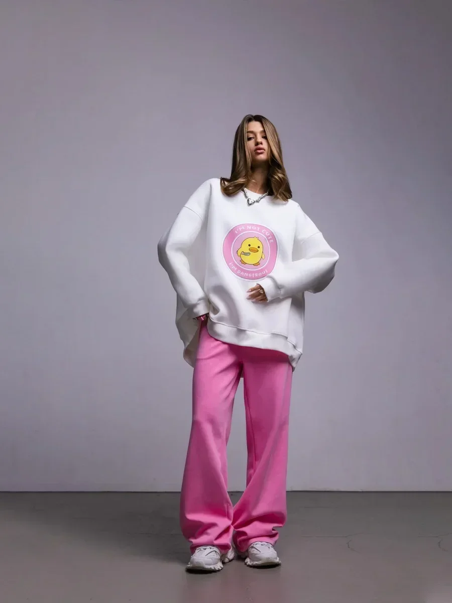 Women's Loose Round Neck Sweatshirt Oversized Chic Printing Hoodies Casual Autumn Winter Warm Female Trendy PulloverT