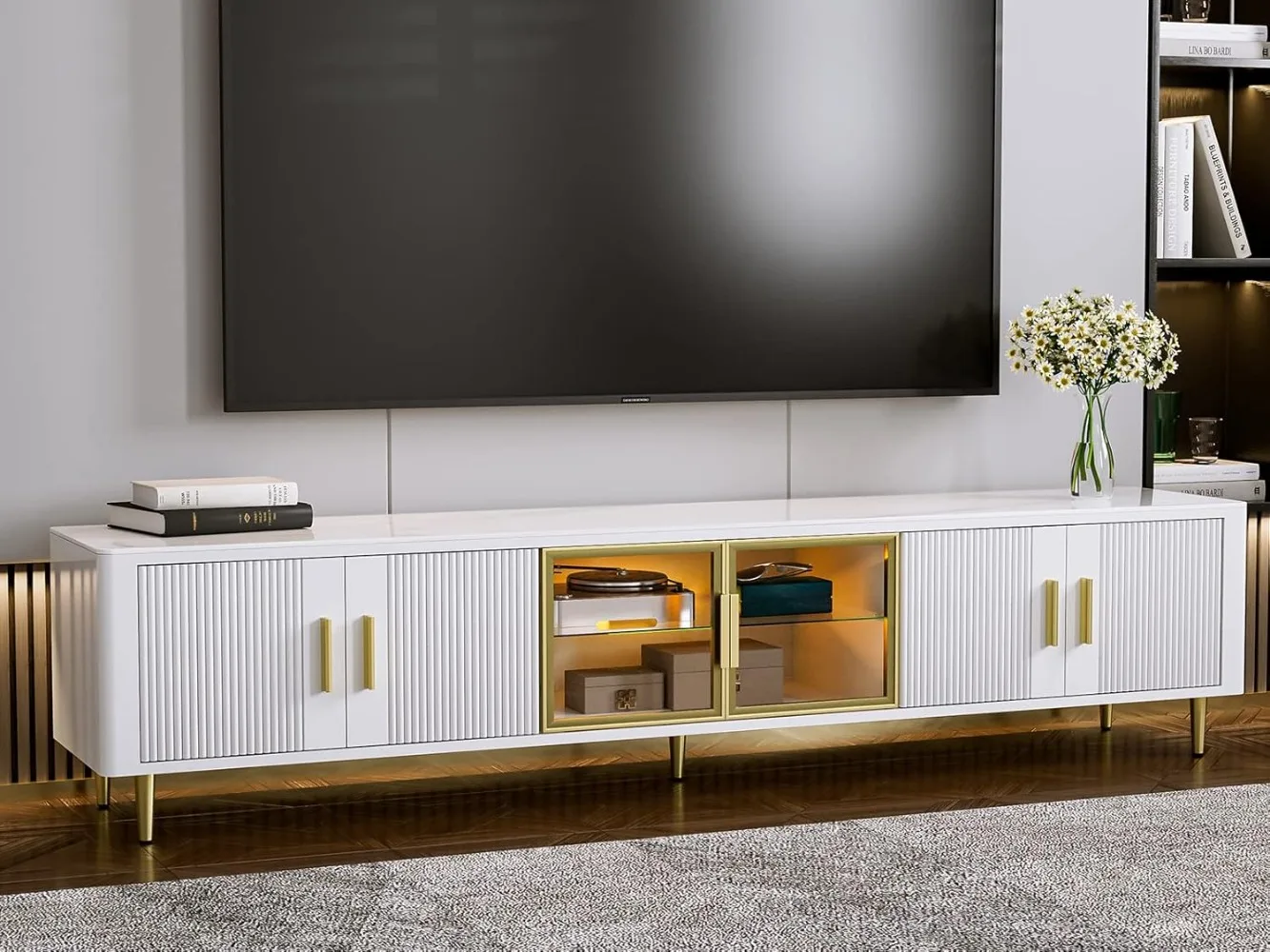 Modern TV Stand for inch TV, White LED Slate Entertainment Center with Glass Storage Cabinets and LED Lights for Living Room