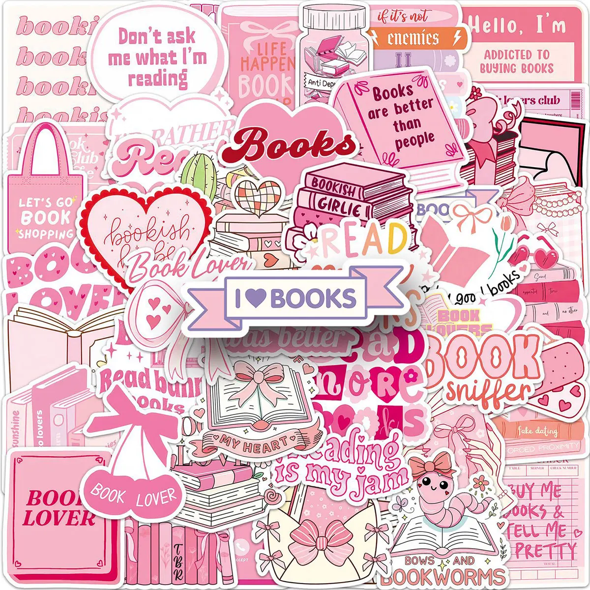

50 Pink Bookworm Heart Stickers, Book Elements for Reading Enthusiasts, DIY Decoration Materials for Journals