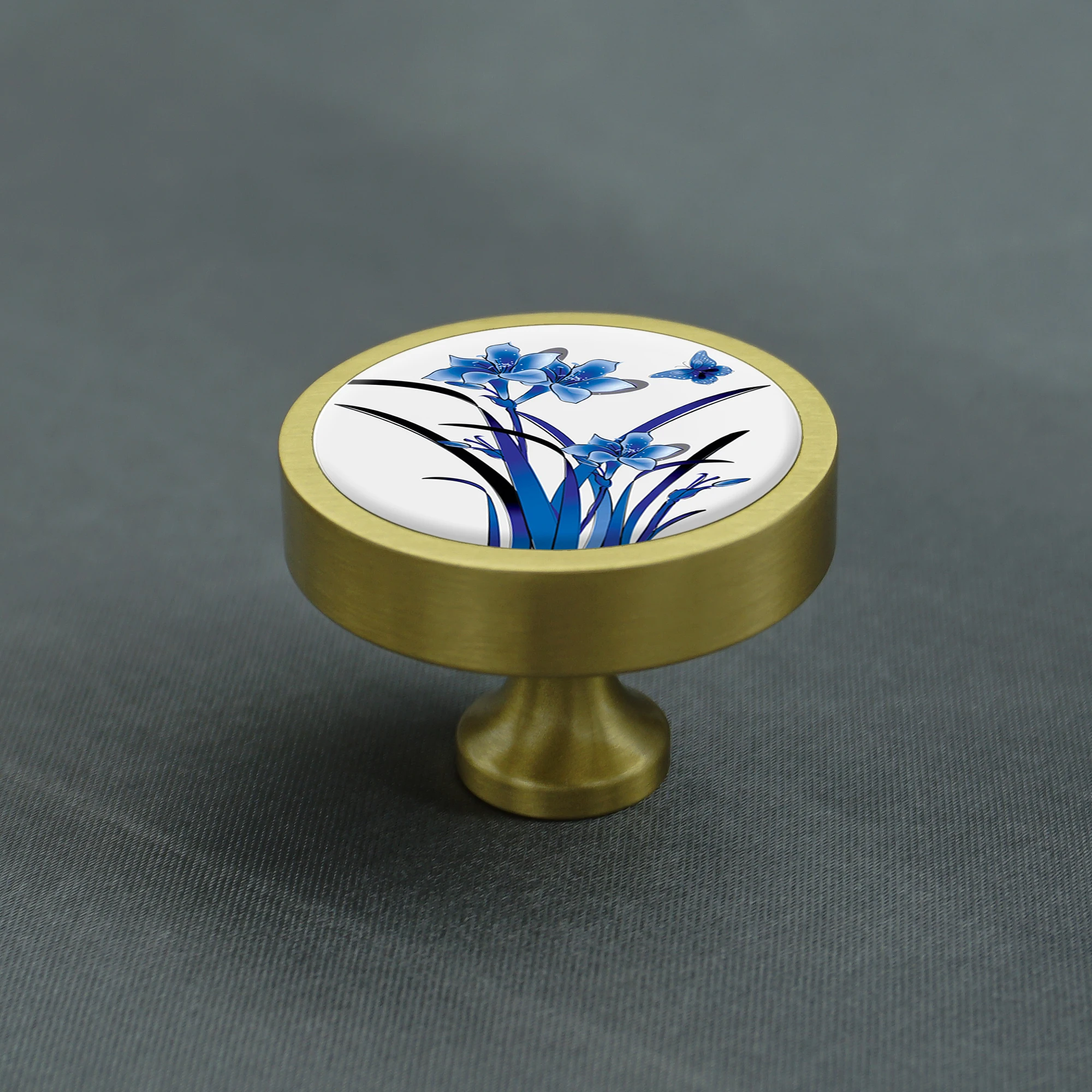 Brass Round Knobs for Cabinets and Drawers Home Decor Blue Flower Cabinet Handles Kitchen Cupboard Door Pulls Furniture Hardware