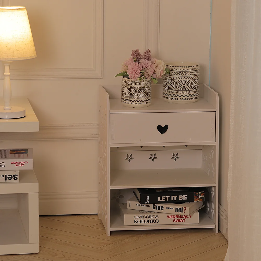 Wood Nightstand with Drawer and 2 Storage Shelves Flower decoration