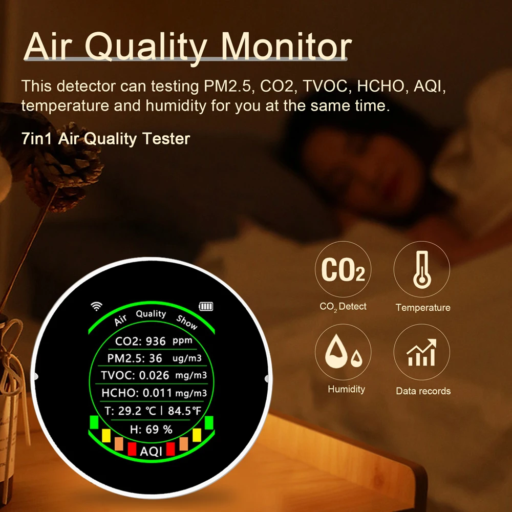 Tuya Wifi 7in1 جودة الهواء متر PM2.5 CO2 TVOC HCHO AQI درجة الحرارة جهاز اختبار الرطوبة إنذار كاشف ثاني أكسيد الكربون عتبة