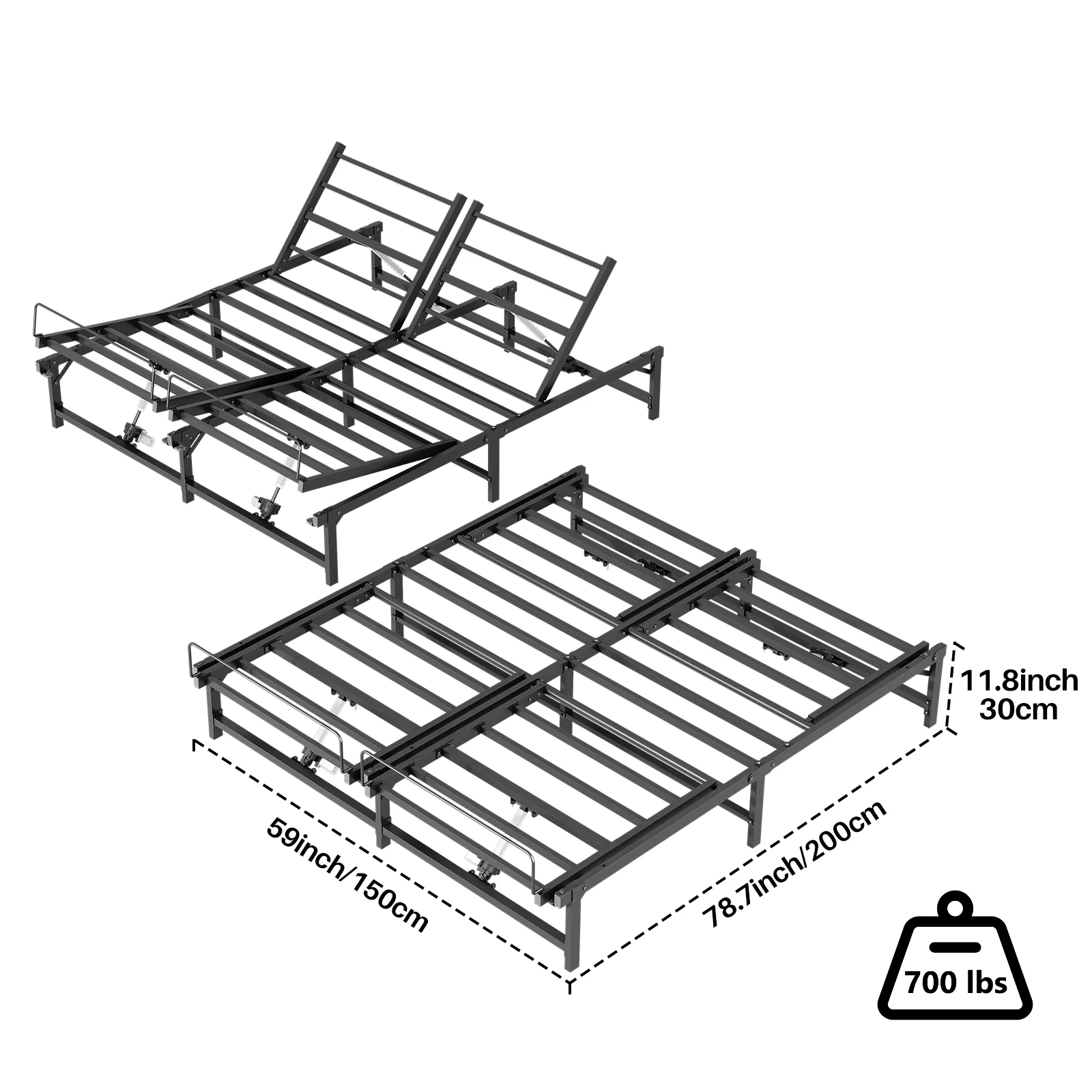 Redlife-Marco de cama ajustable, Eléctrica estructura de Metal, cabeza y pie inclinados con Motor silencioso y Control remoto inalámbrico, 59x78,7 in