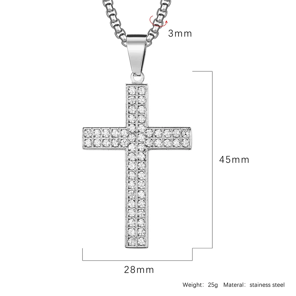 JHSL  Men Cubic Zircon Cross Pendants Statement Necklace Fashion Christian Jewelry Chain Stainless Steel Black Gold Silver Color