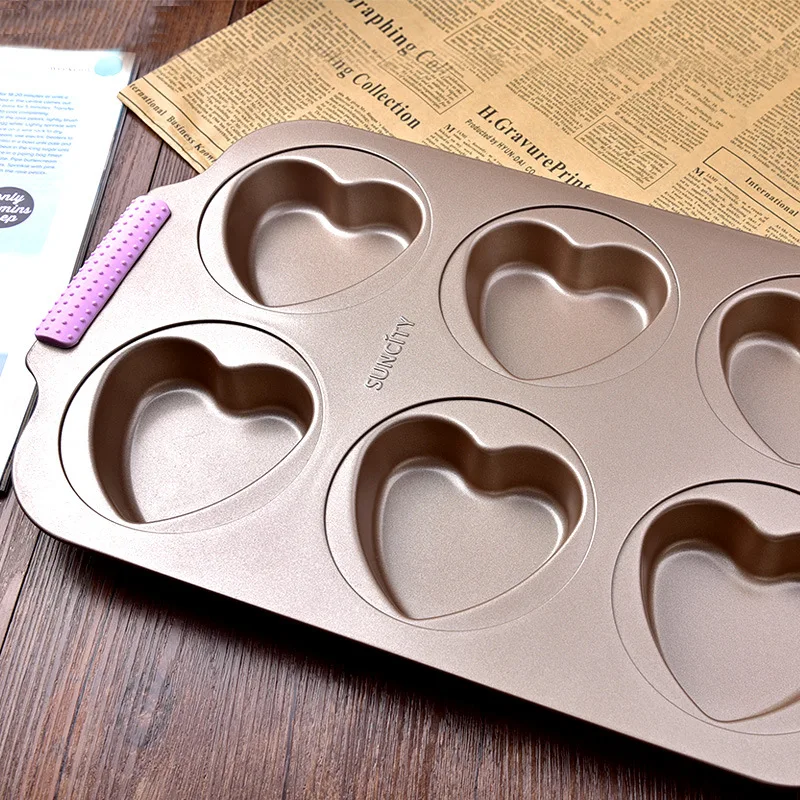 Baking Utensils Carbon Steel Baking Tray Luxury Silicone Handle Six Heart-shaped Creative Cake Mold Biscuit Mold Kitchenware