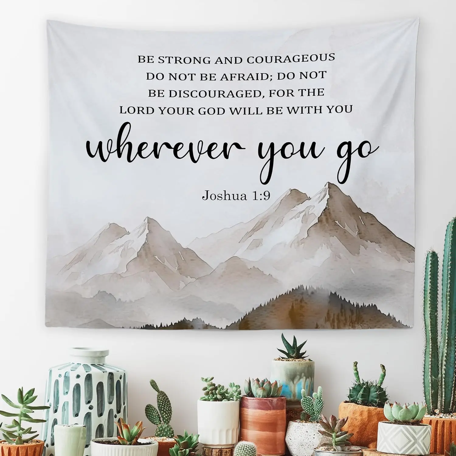 نسيج حائط كريستيان ماونتيان لورد معلق لغرفة النوم، الكتاب المقدس الآية الكتاب المقدس جوشوا 1:9 المفروشات، الألوان المائية الدينية #3