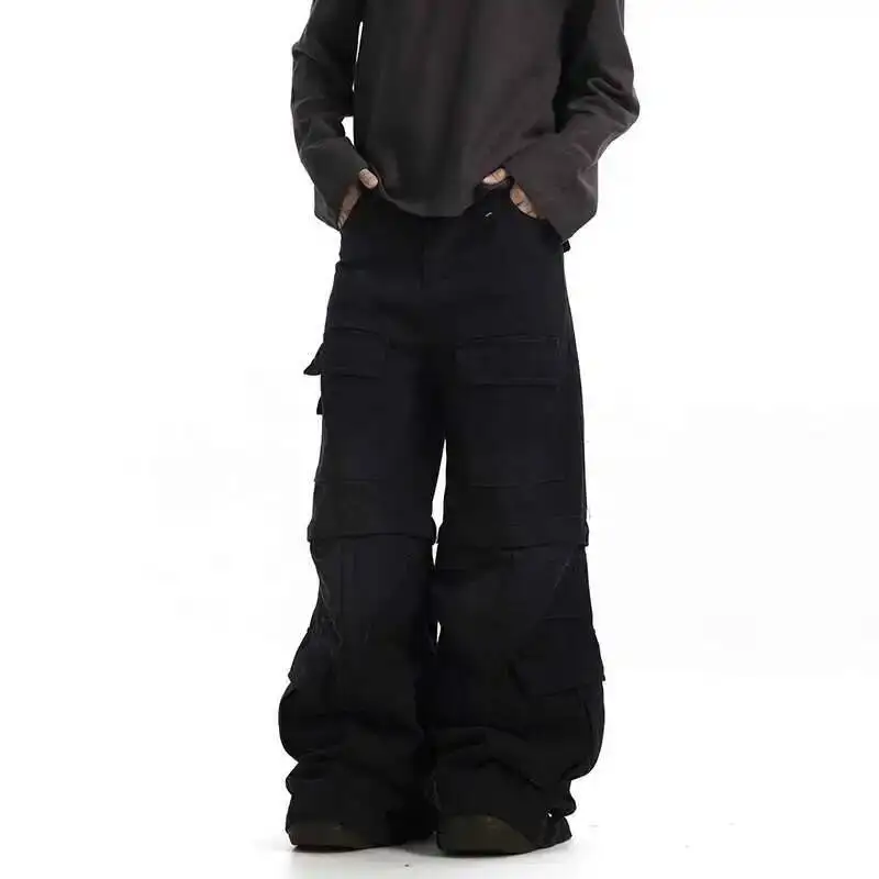 American Vintage Distressed Men's Micro Flared Cargo Pants Multi-pocket Zipper Removable Wide-leg Casual Long Pants 2LHSX