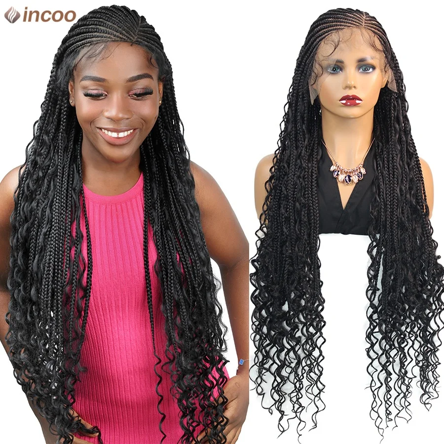 

Богиня 36 дюймов без узлов Box Boho Плетеные парики с вьющимися концами волос Cornrow Синтетический полный кружевной плетеный парик спереди с волосами ребенка