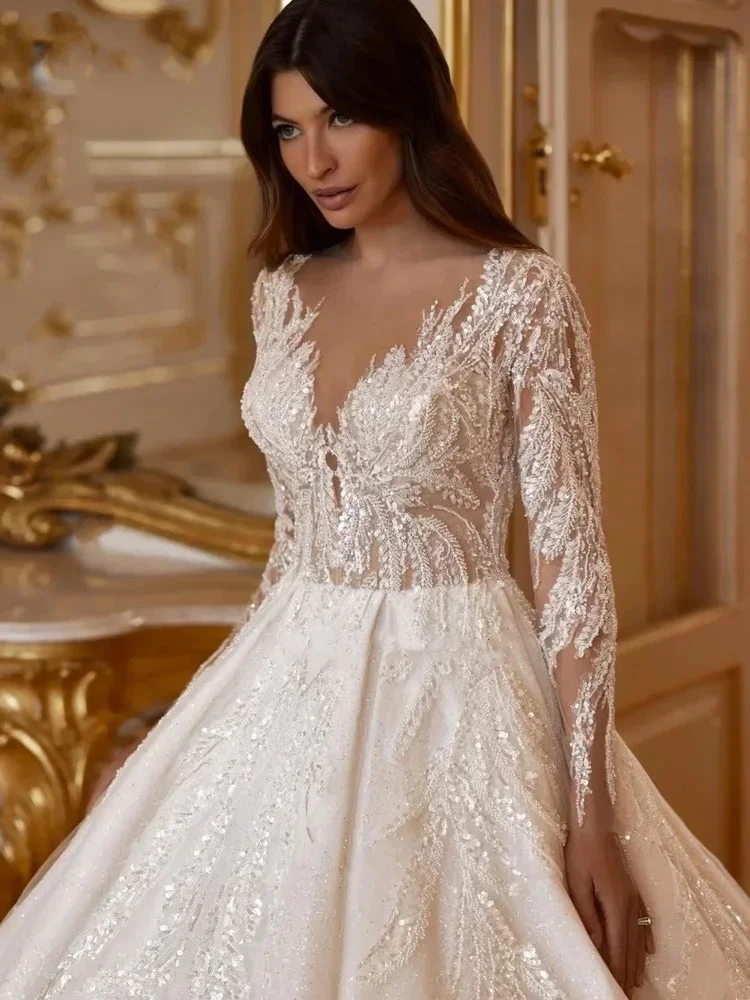 Flavinke personalizado brilhante miçangas apliques rendas com decote em v vestidos de casamento mangas completas robe frisado vestidos de noiva novia