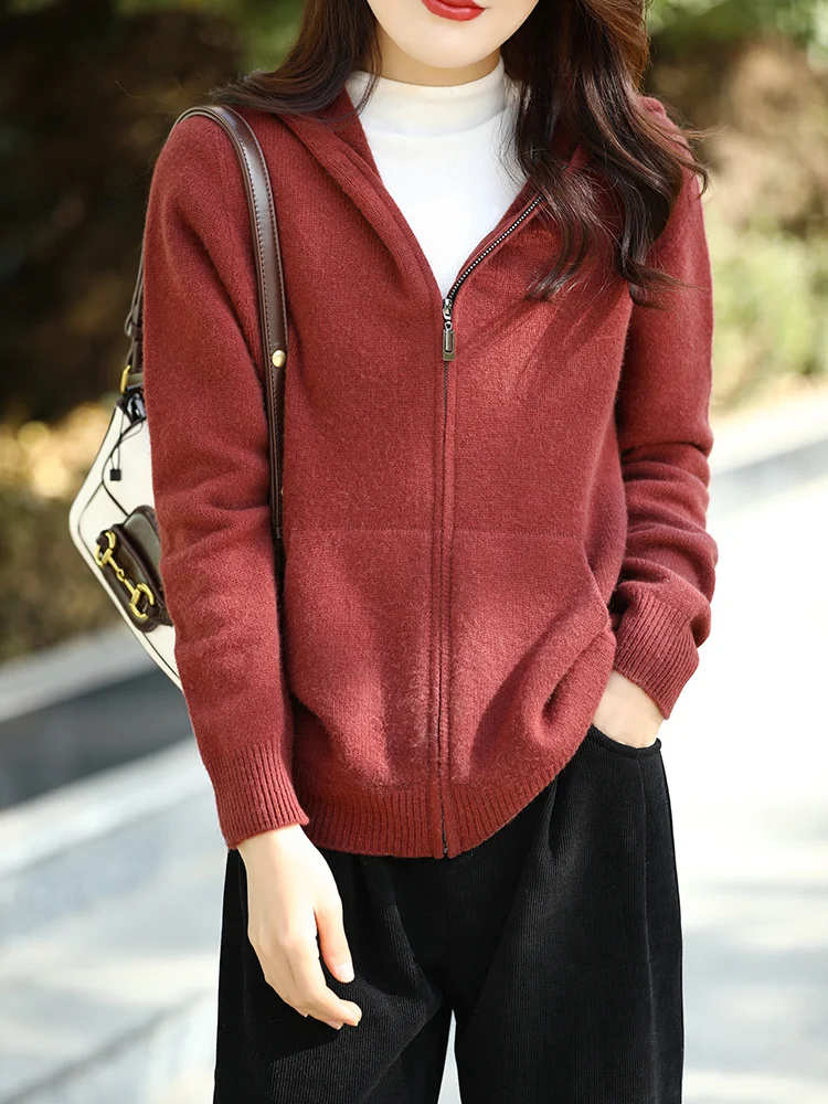 Women Zipper Hoodies Cardigan 100% Merino Wool Sweater Spring Autumn Casual Long Sleeve Solid Cashmere Knitwears Korean Fashion