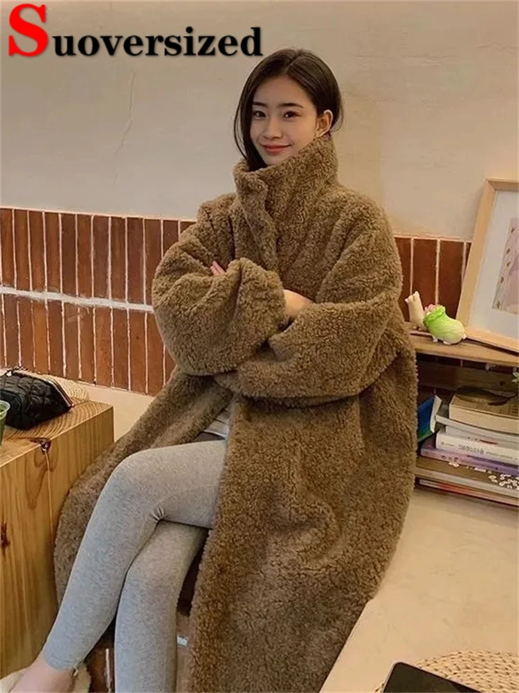 Thick Winter Lambwool Faux Fur Jackets Loose Warm Mid-length Coats Elegant Korean Plush Chaquetas Women Luxury Furry Overcoat