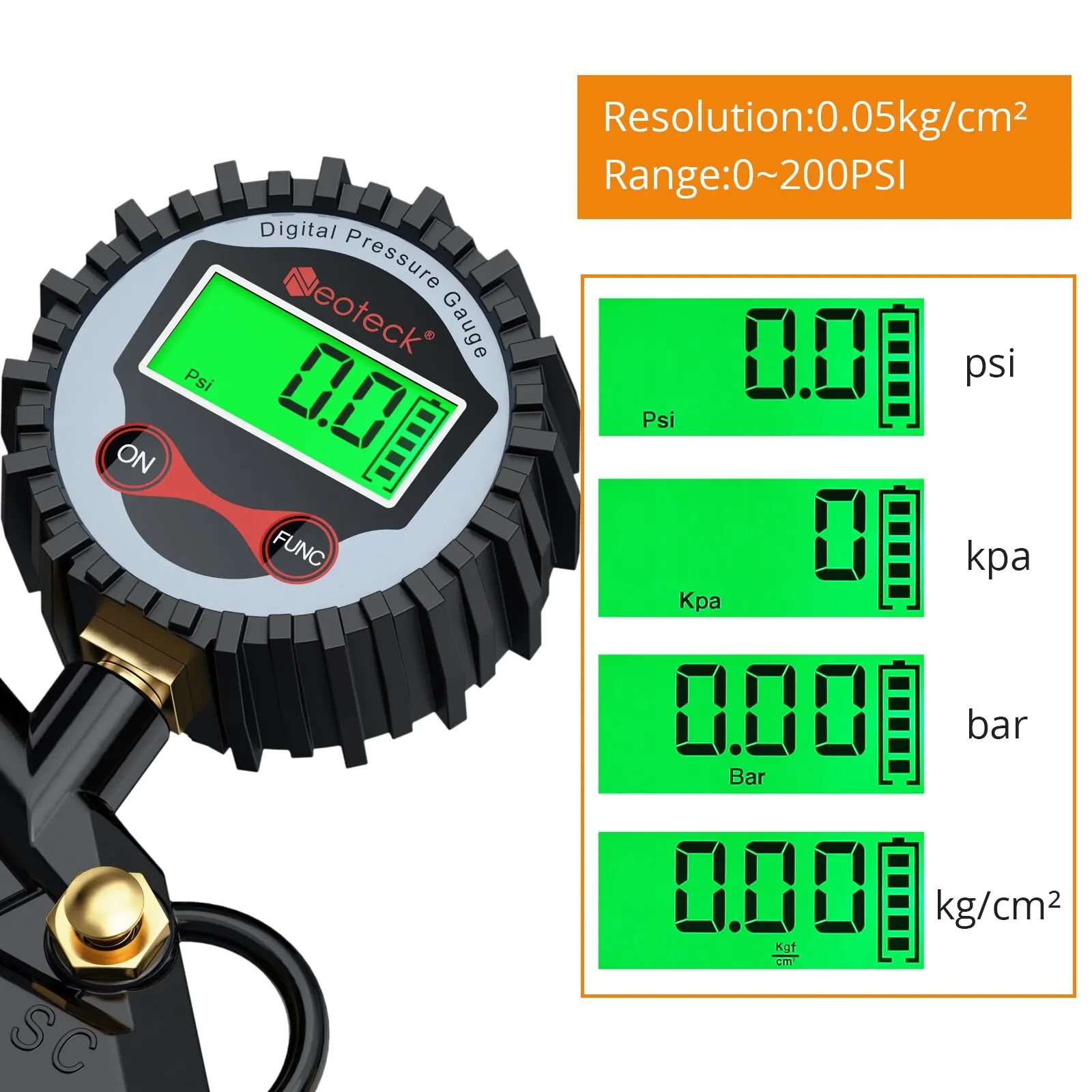 Neoteck pengukur tekanan ban LCD 200 PSI, alat ukur tekanan ban, lampu belakang kendaraan Tester dengan 5 tutup katup hitam