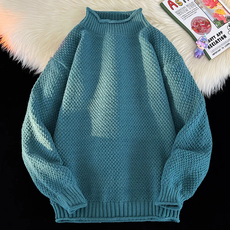 

Big Kids New Autumn/Winter High Quality Half High Collar Knitted Sweater Fashion Ribbed Loose Breathable Comfortable Hoodie