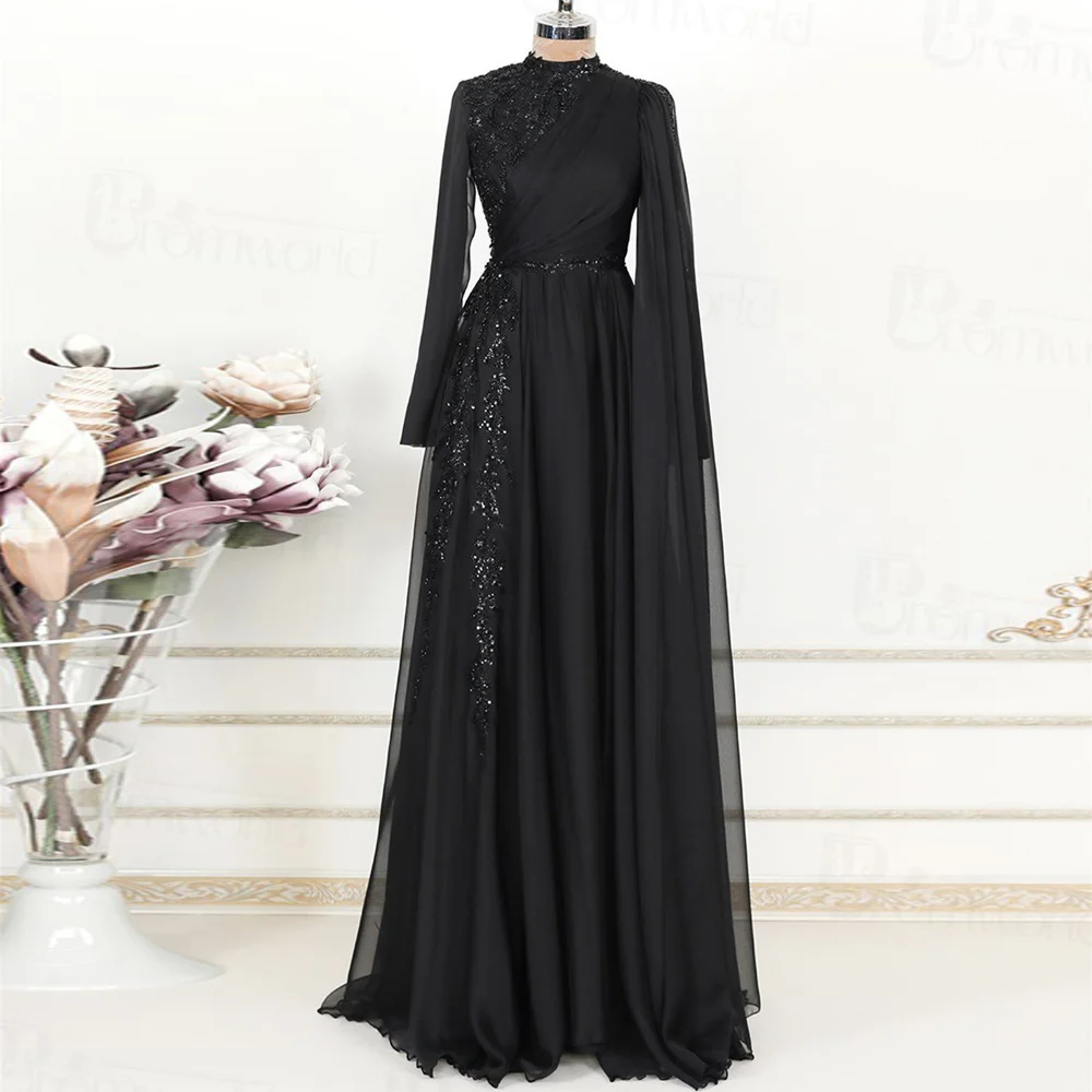 

Classic A-Line Muslim Evening Dresses For Women High Neck Long Sleeves Lace Beaded Chiffon Formal Party Gowns Vestidos De Noche