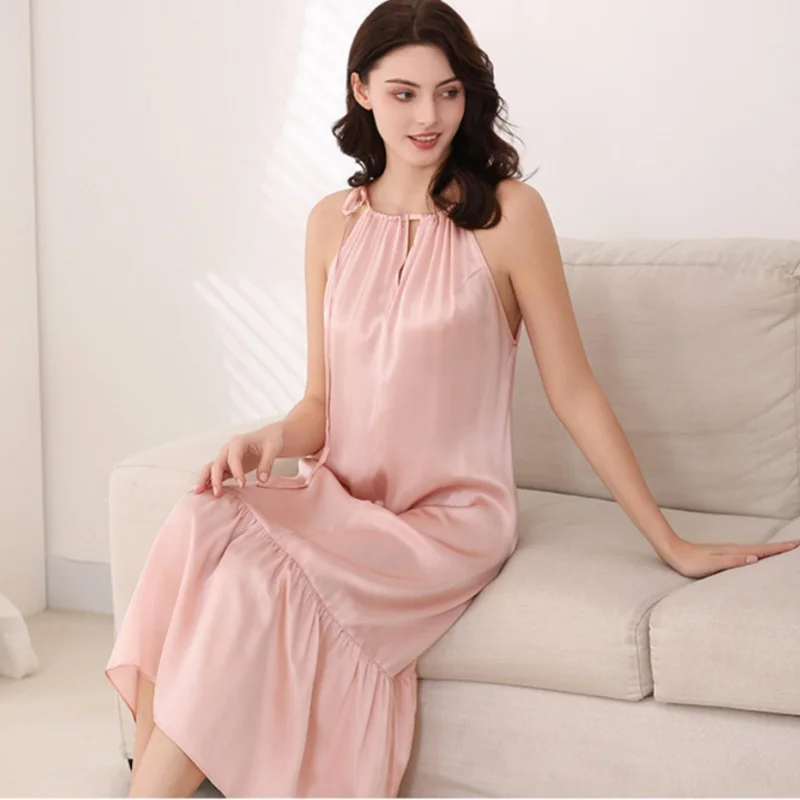 Wedding 100% Mulberry Silk Pajamas Midi Dresses Women Spring Summer Sexy Sling Dress Loose Long Nightdress Sleepwears For Female