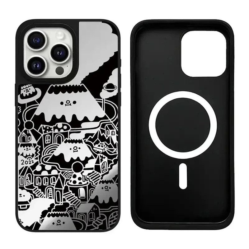 

Volcano Cartoon iPhone 11 12 13 14 15 Pro Max Mirror Surface MagSafe Case Cover Shell