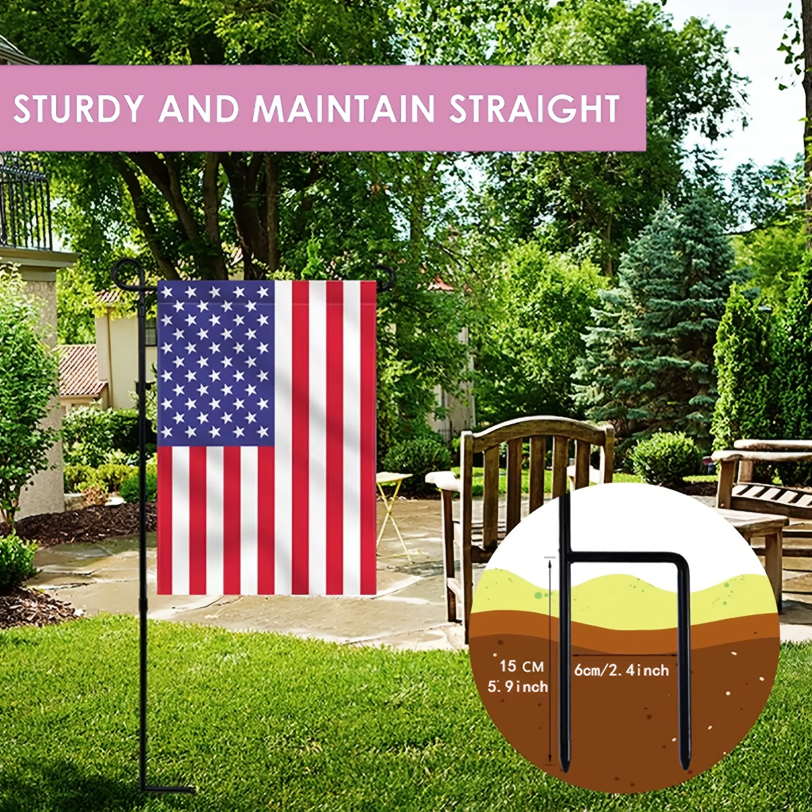 Two-Piece Garden Flag Stand Set, Outdoor Iron Garden Flagpole, Small Garden Decorative Flag Hanger with Windproof Fixing Clips
