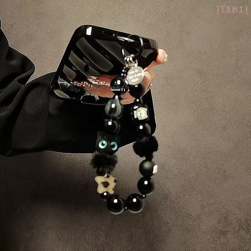

[E] 1PCS Luxury Black Fluffy Cat Mobile Phone Strap With Beaded Handle Chain Wrist Anti-Theft Clip Bag Accessory