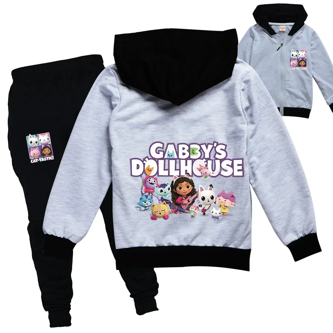 Gabys pakaian rumah boneka, Gabby Chat Hoodie anak perempuan, pakaian musim semi musim gugur anak-anak lengan panjang jaket ritsleting celana Jogging Set 2 potong