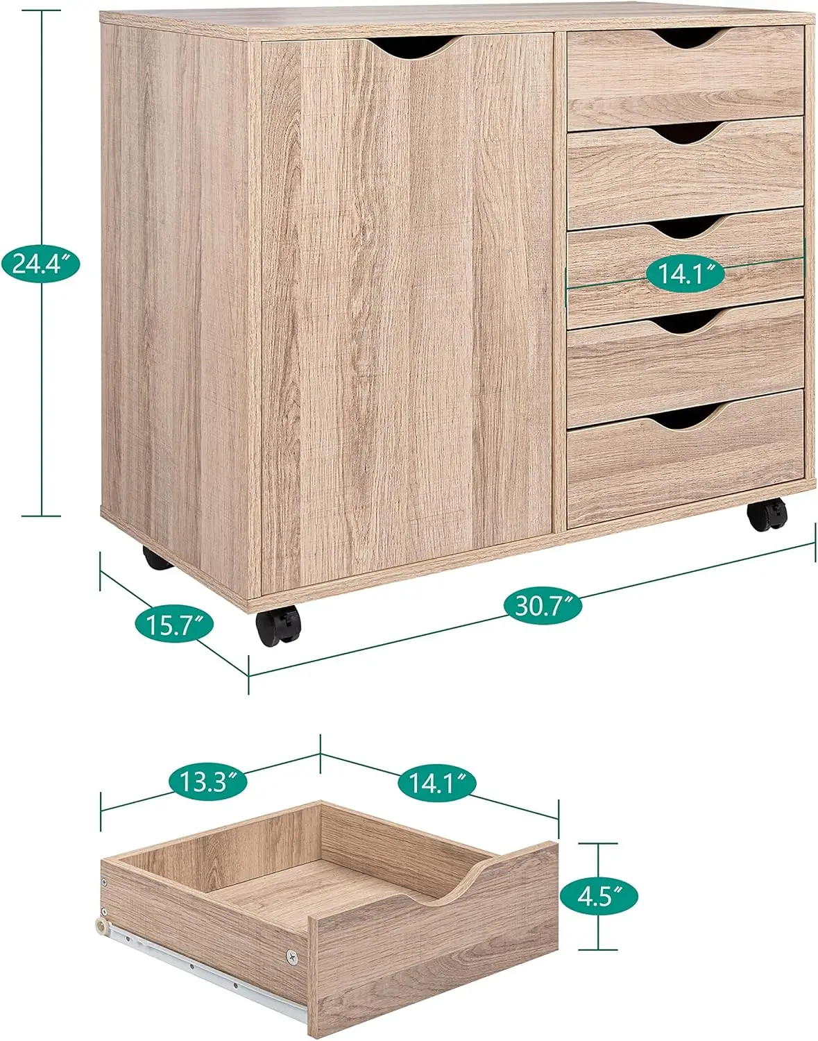 5 Drawer Chest, Wood Storage Dresser Cabinet with Wheels, Craft Storage Organization, Makeup Drawer Unit for Closet, Bedroom