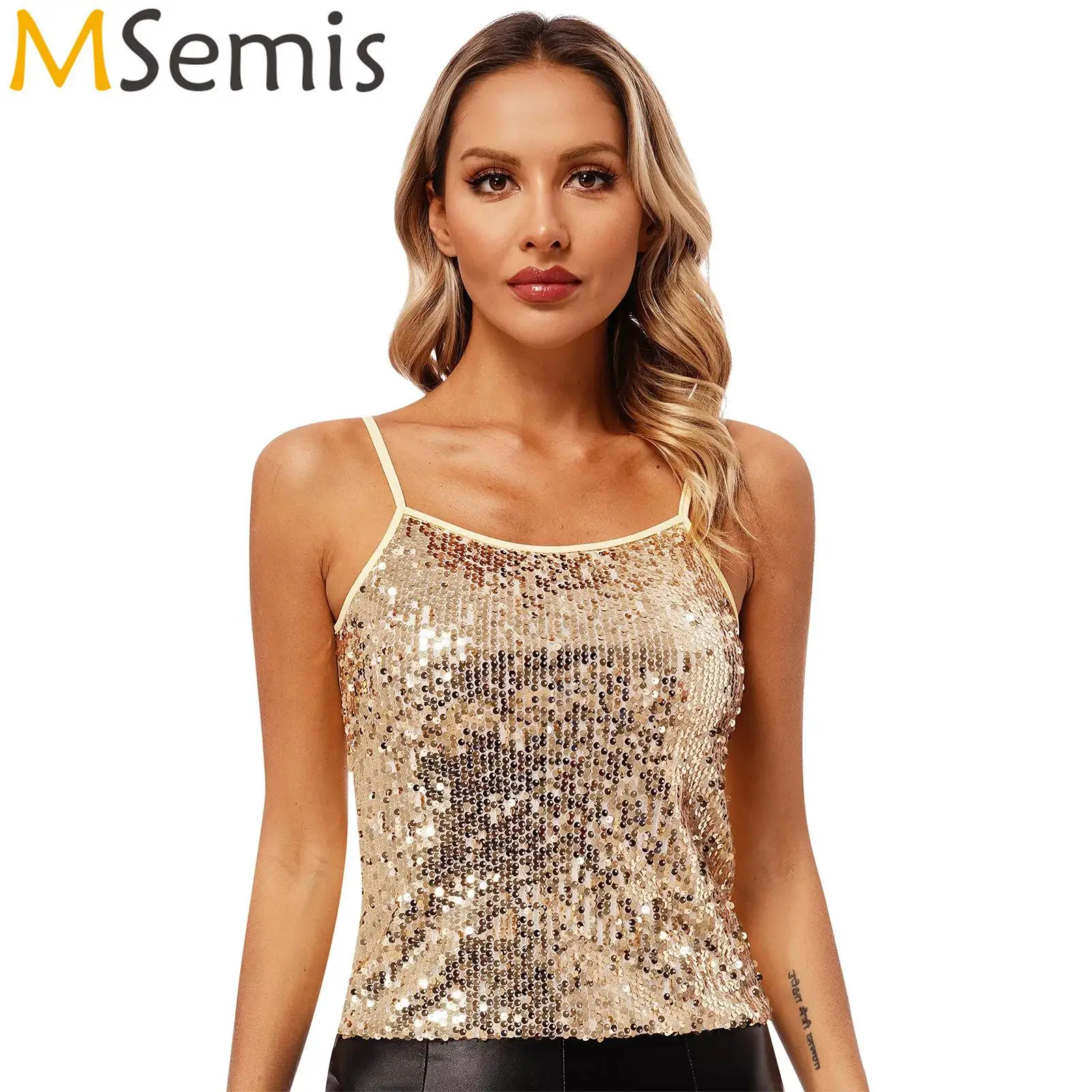 Womens Sparkly Sequin 1920s Camisole Disco Party Crop Tops Slim Fit Patchwork Tank Top for Pole Dancing Rave Costume Clubwear