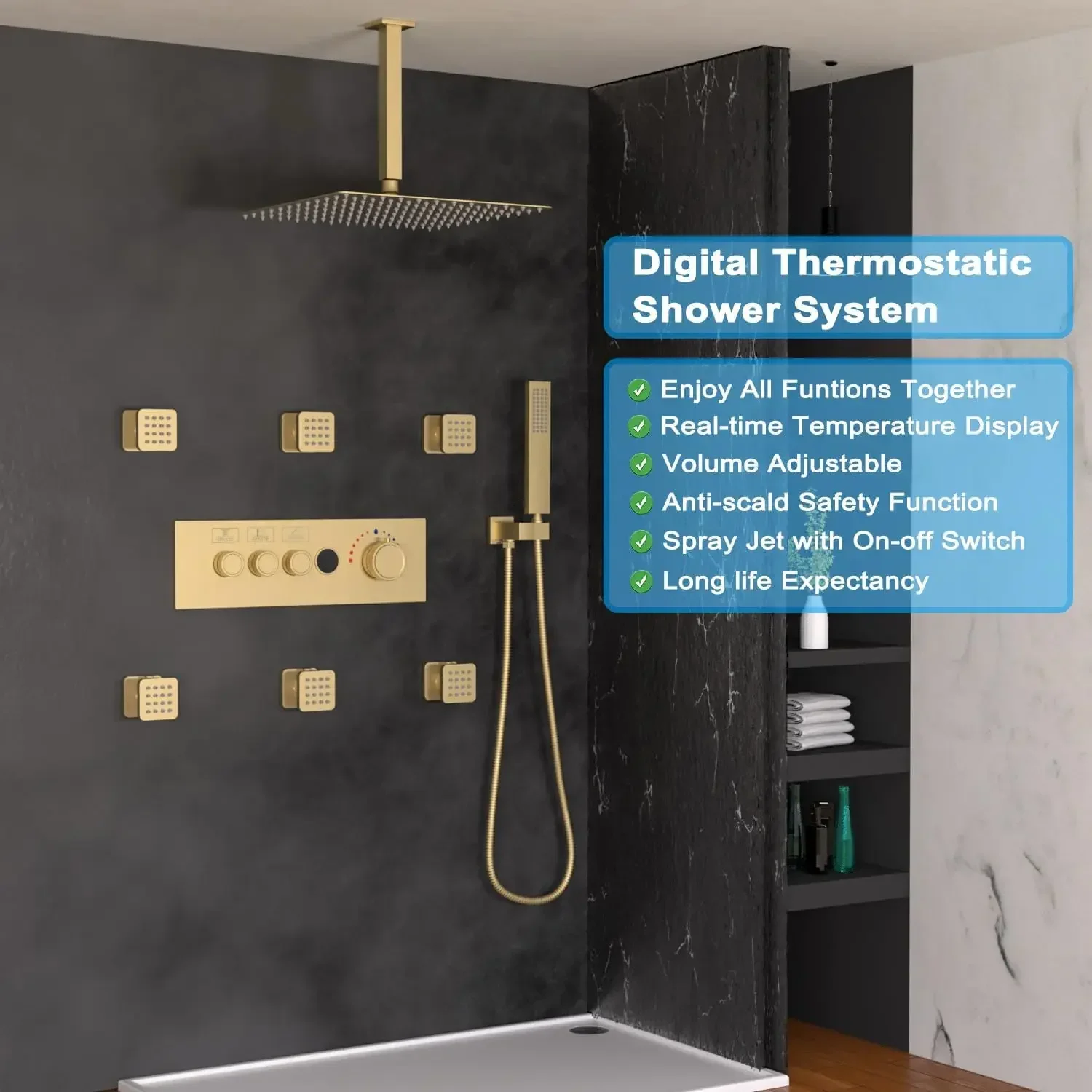 Brushed Gold Bathroom Shower System Wall Mount Thermostatic Shower Faucet Brass Rainfall Shower System