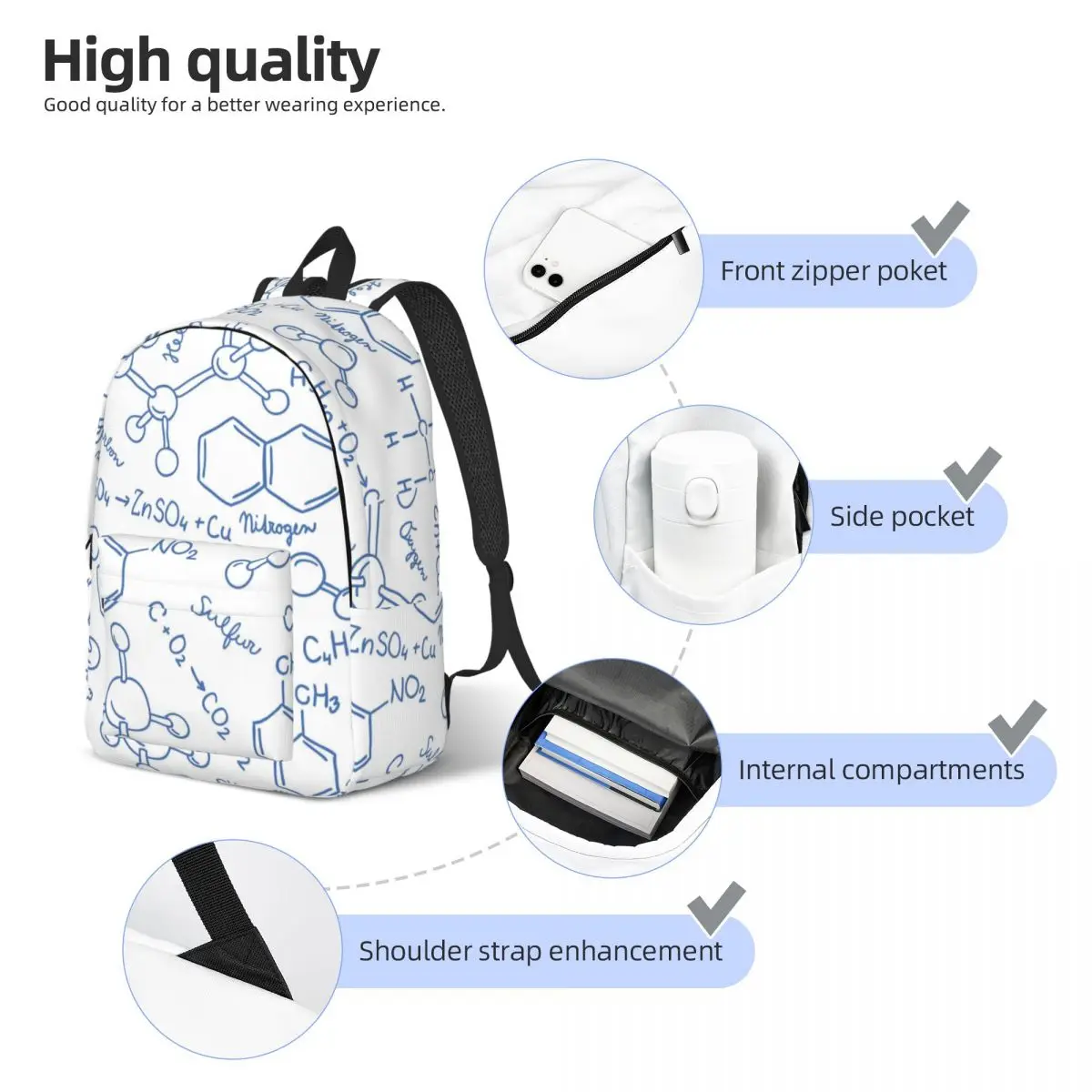 Mochilas de lona con patrón de química científica personalizadas para hombres y mujeres, bolsa de libros de moda para la escuela, bolsas de biología universitaria