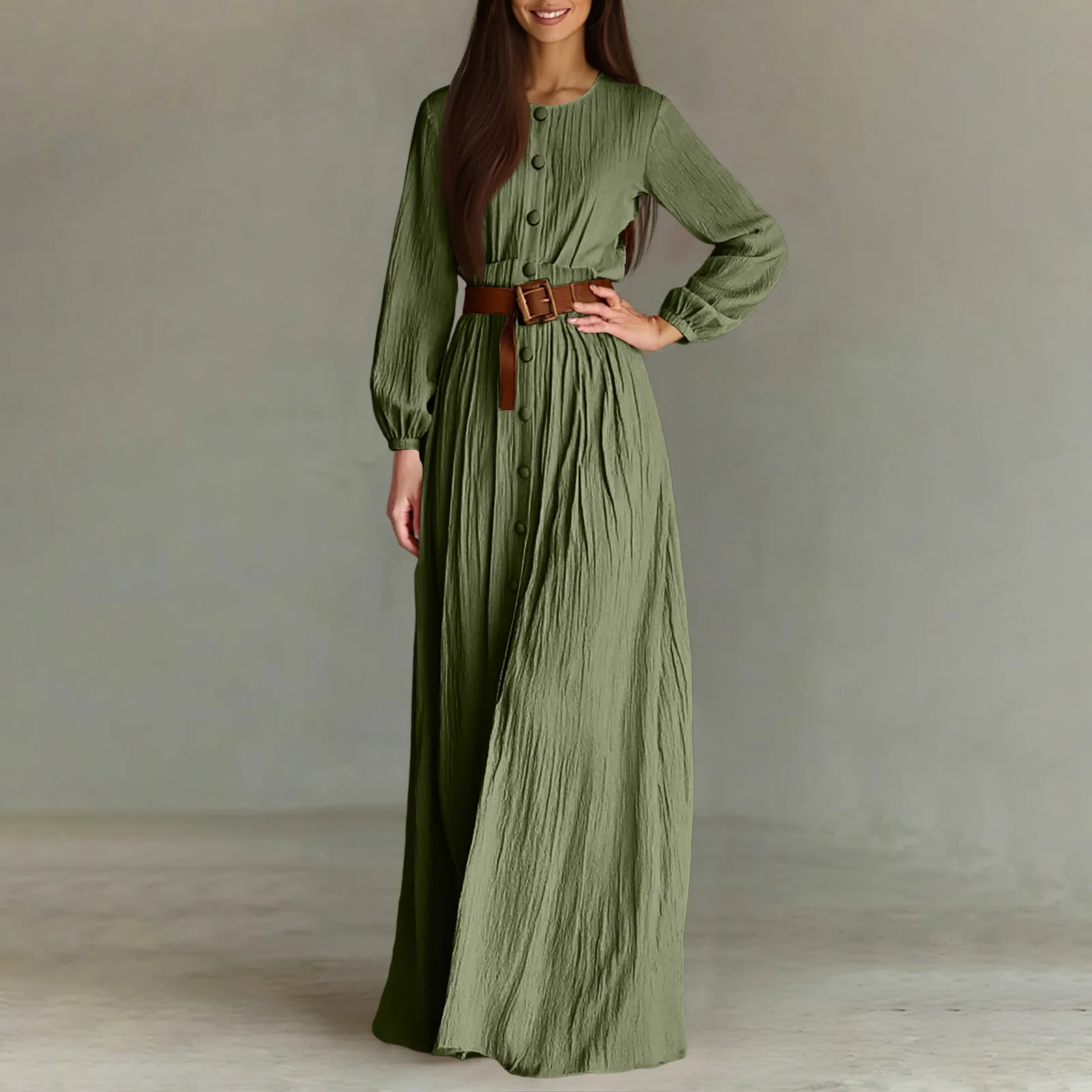Single Breasted Round Neck Long Sleeved Dress Fashion Casual Dress Without Belt Spring And Autumn Women'S Solid Color Dress