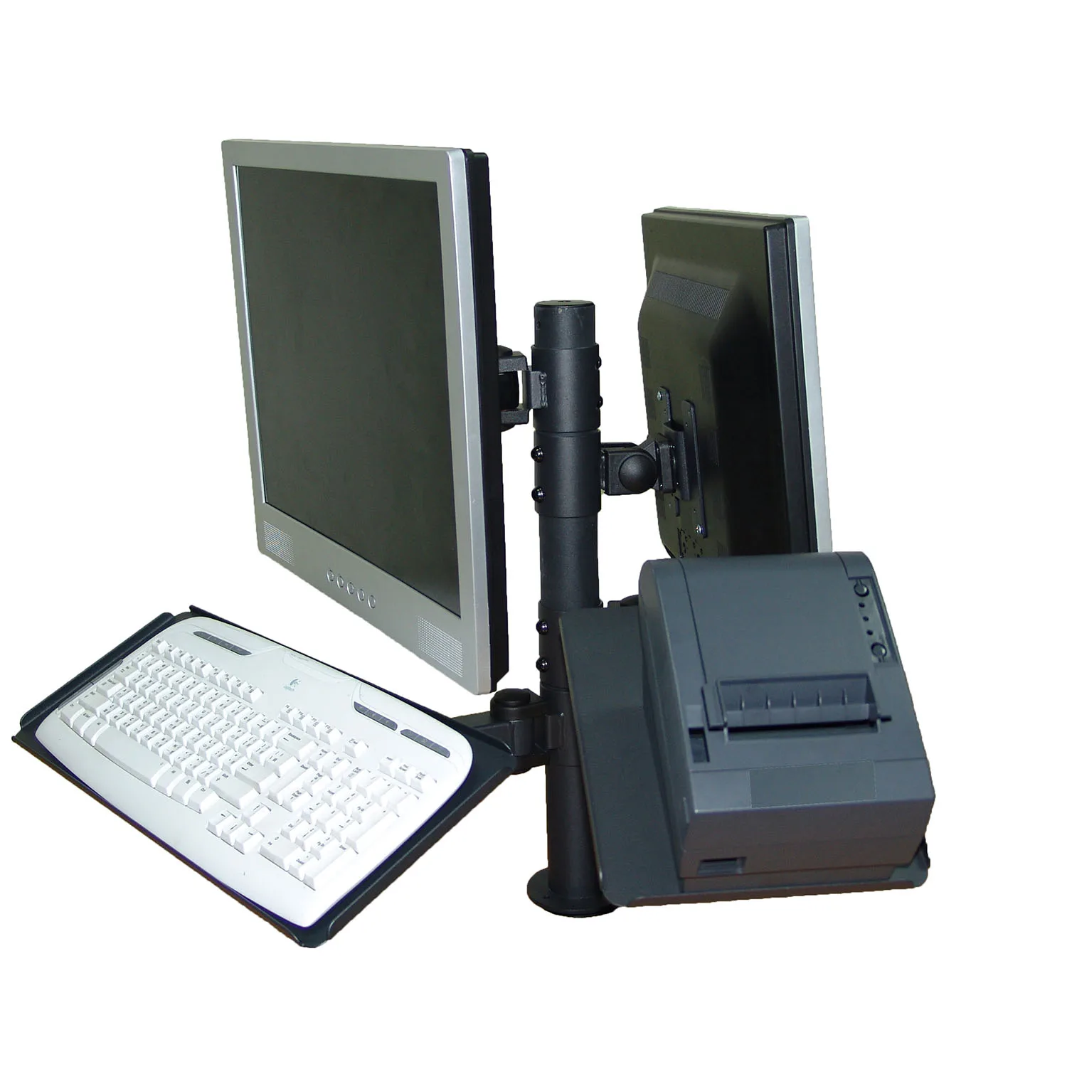 Height Adjustable Dual Screen POS Mount with Printer Mounting keyboard tray and Cable Management Hide The Cable Inside