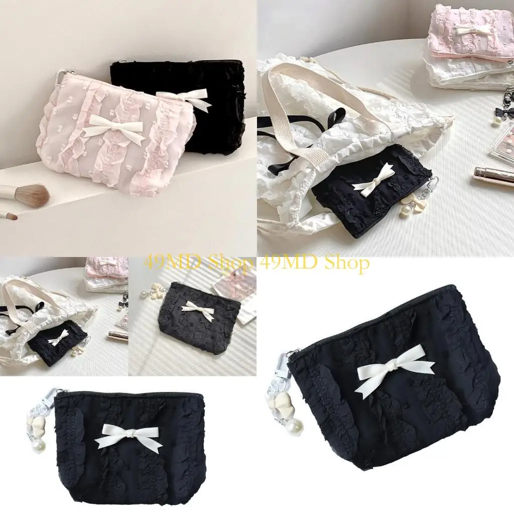 

49MD Fashionable Mini Purse Stylish Lace Bows Designs Canvas Wallet Coin Storage Bag