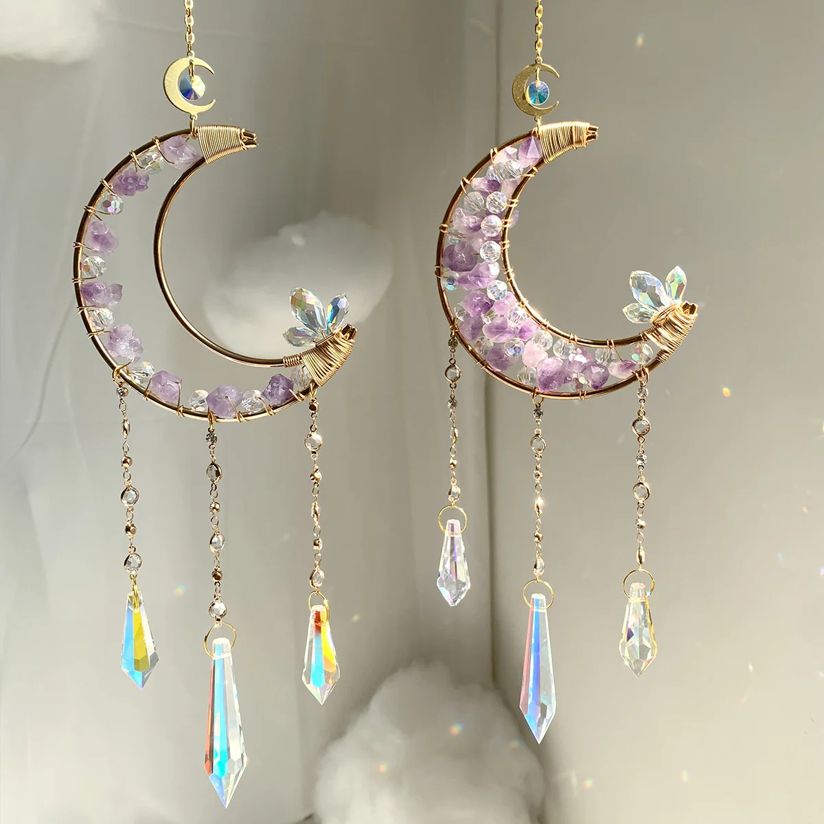 Wholesale high quality natural crystal sun catcher moon sun catchers amethyst moon suncatche wind chimes