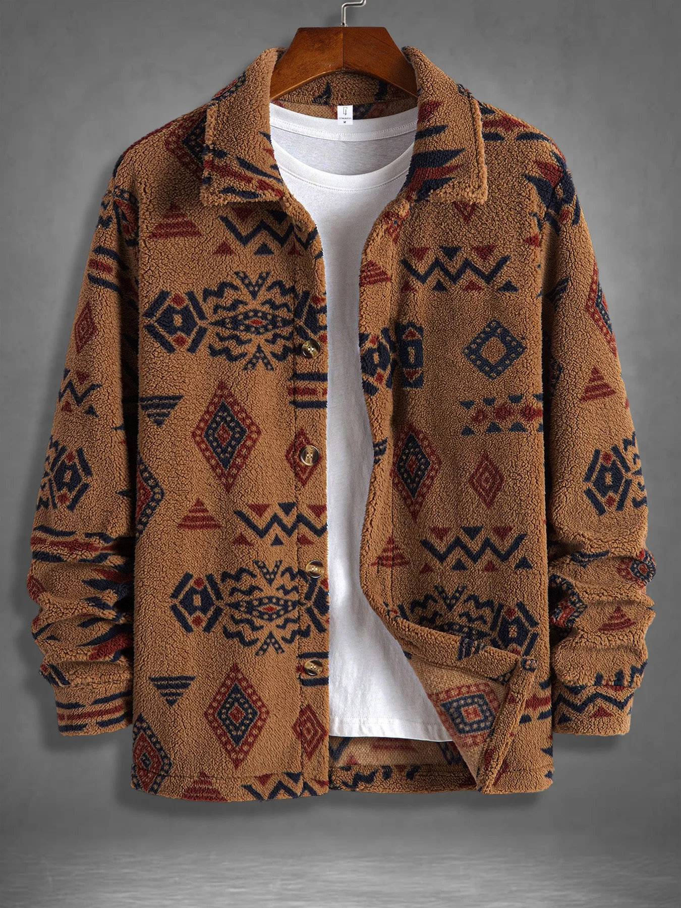 

Мужская флисовая куртка-рубашка в стиле ретро с этническим геометрическим принтом, зимняя, теплая, из шерпы, повседневная