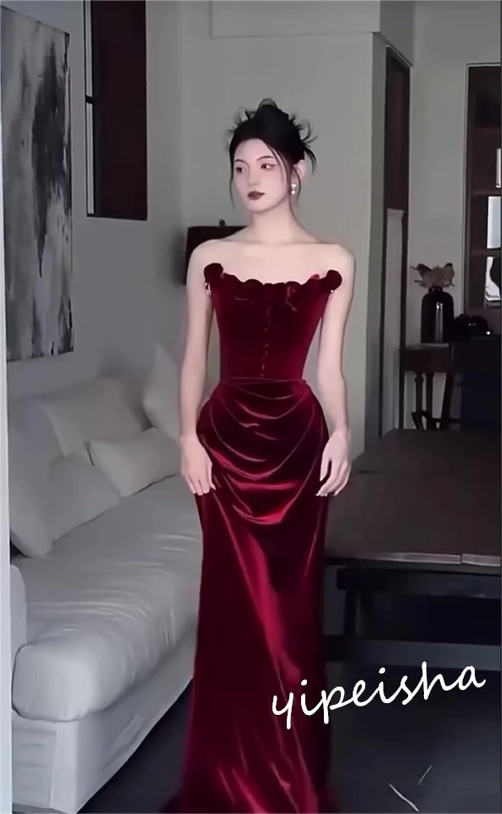 Vestido Retro de sirena sin tirantes para quinceañera, vestido de flores de satén para ocasiones formales