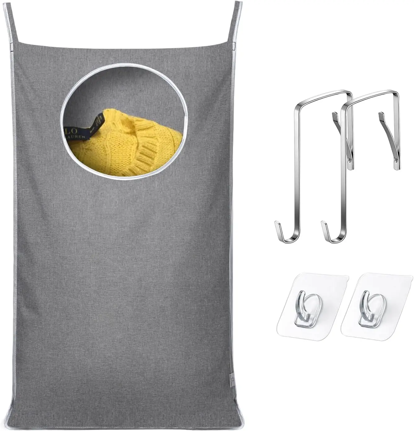 

Hanging Laundry Hamper Bag with 2 Types of Hooks, 20x30 Inch Door Storage for Clothes, Blankets, Toys (Grey)