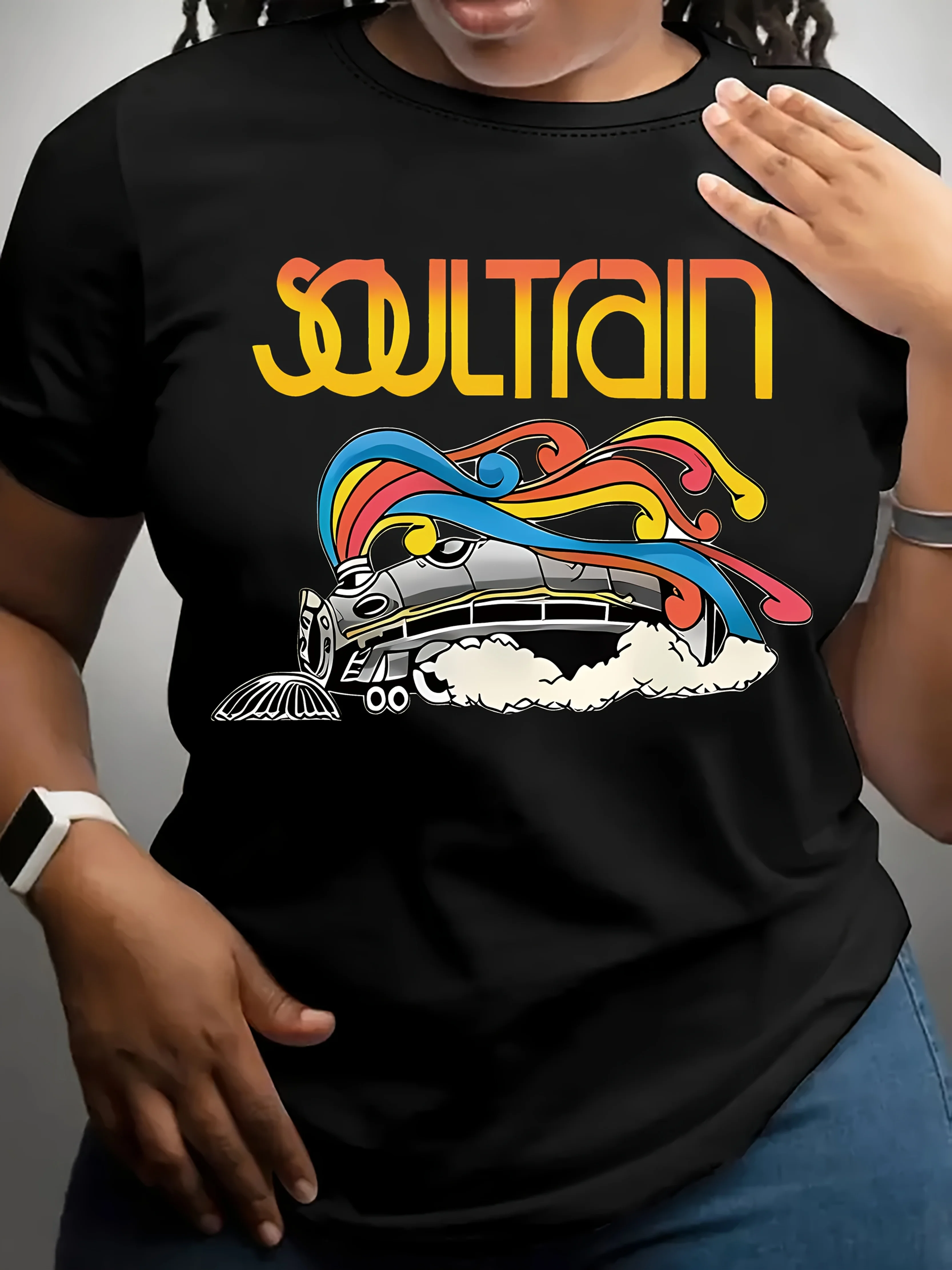 Women's Soul Train Graphic T-Shirt Black Casual Crew Neck Short Sleeve Top with Vibrant Colorful Design Perfect for Spring &