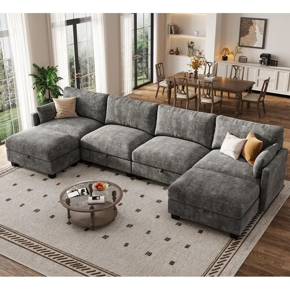 Sectional U Shaped Sofa Couches for Living Room, Cloud Couch with Storage Ottoman, Comfy Chenille Sofa with Pillow, Dark Gray C