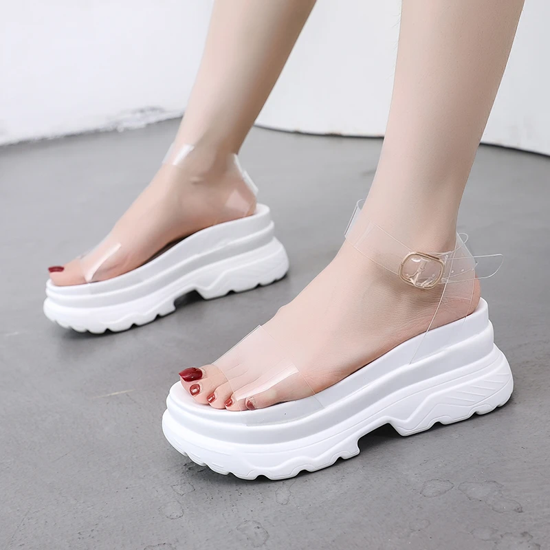 Open Toe Platform High Wedges Heeled Summer Women Sandals Transparent Buckle Punk White Black Leisure Casual Gladiator Shoes