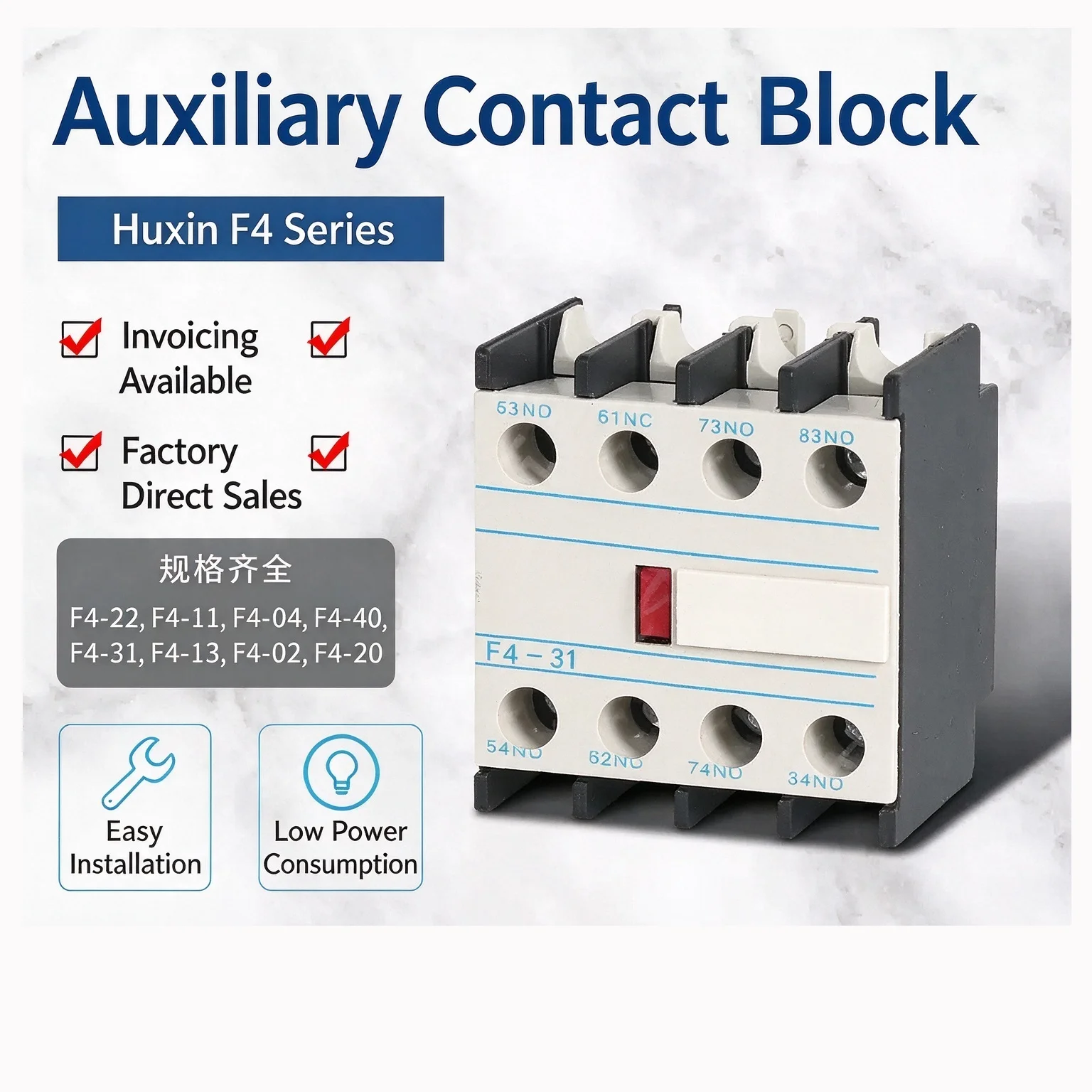 4-Pole Auxiliary Contact Block for CJX2 LC1-D AC Contactor LA1-DN Series F4-02 F4-11 F4-22 F4-31 - 2NO+2NC