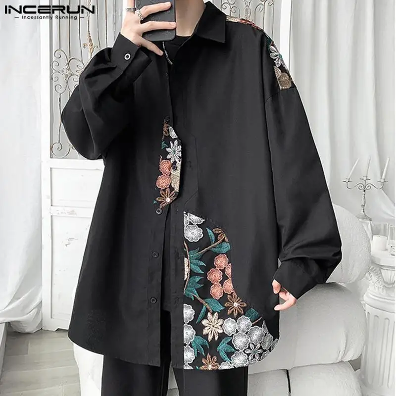 INCERUN Tops 2024 Korean Style Fashion Men Irregular Patchwork Lace Jacquard Shirts Casual Male Long Sleeved Lapel Blouse S-5XL