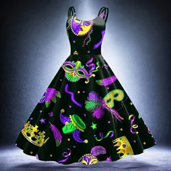 Mardi Gras Dresses For Women Sleeveless Mask Printed Retro A Line Flared Swing Prom Carnival Party Dress Mardi Gras Outfit