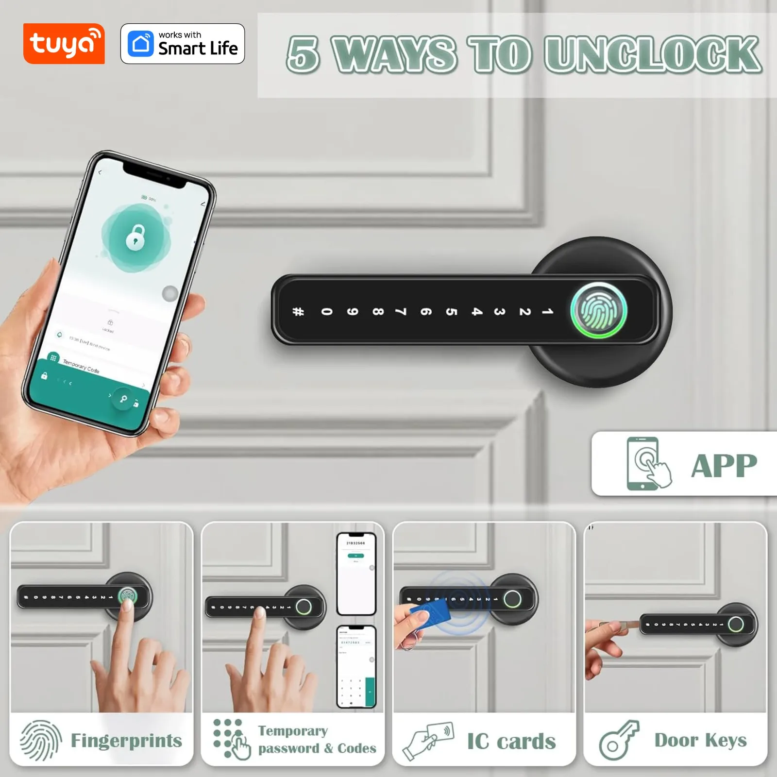 Door Knob Fingerprint Door Lock With Handle, IC Card,Passcode Keypad, Biometric Keyless Entry,Use Tuya App for Bedroom, Office