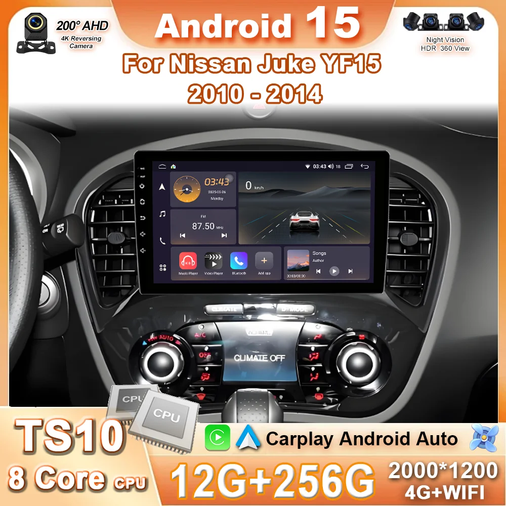 

Android 15 Carplay+Auto For Nissan Juke YF15 2010 - 2014 Car Multimedia video Player Radio Stereo DSP QLED Touch Screen 4G+WIFI