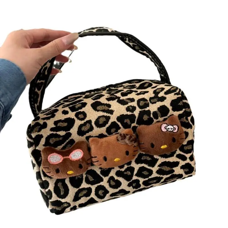 Miniso Hellokitty trousse de maquillage Kawaii motif léopard sac de rangement à main en cuir noir Kt trousse de rangement de toilette sac à main