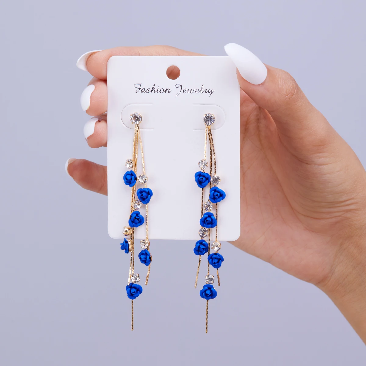 Neue Rosenblüten-Ohrringe mit langen Quasten für Damen, blau, rot, grün, Strassblumen, hängende Ohrringe, Party- und Hochzeitsschmuck – Detail 6